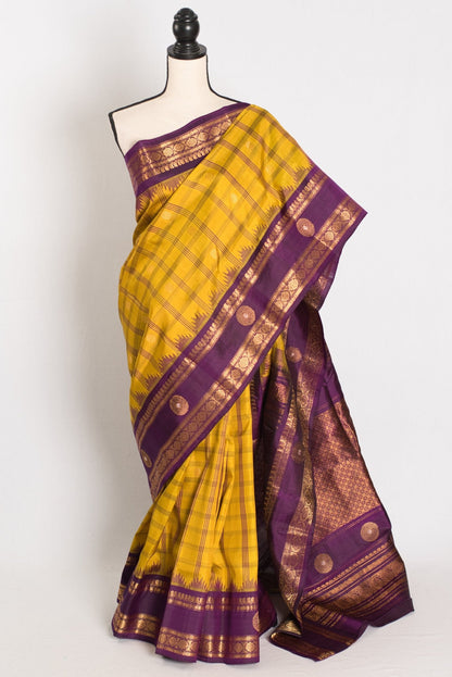 Nandini: Yellow and Purple Checks Handwoven Gadwal Silk Saree with Golden Zari - Saree Mandi