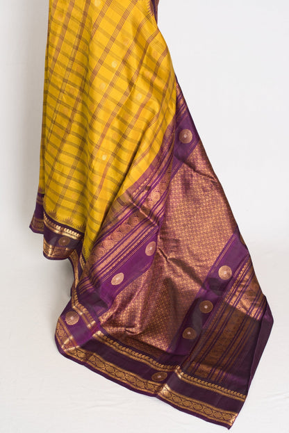 Nandini: Yellow and Purple Checks Handwoven Gadwal Silk Saree with Golden Zari - Saree Mandi