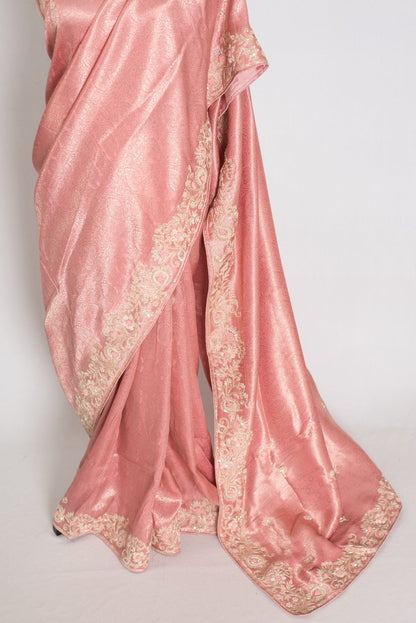 Navya | Baby Pink Semi Brocade Silk Hand Embroidery Saree | Pastel Collection - Saree Mandi