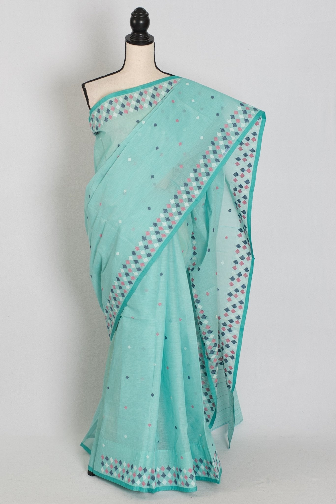 Neela: Turquoise Blue Bengal Handloom Pure Cotton Jamdani Saree - Saree Mandi