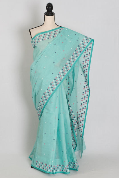 Neela: Turquoise Blue Bengal Handloom Pure Cotton Jamdani Saree - Saree Mandi