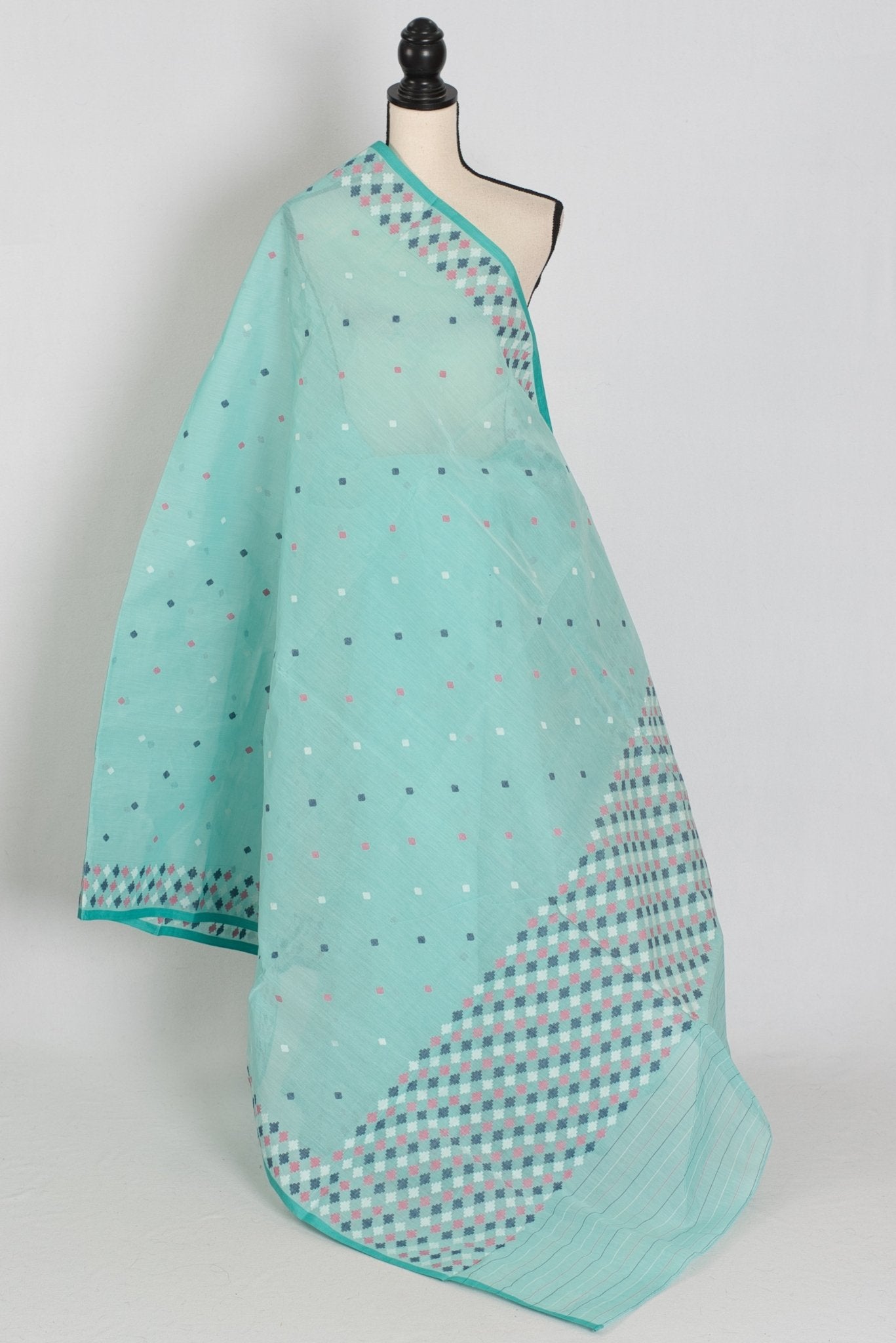 Neela: Turquoise Blue Bengal Handloom Pure Cotton Jamdani Saree - Saree Mandi