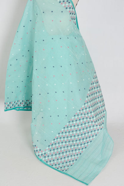 Neela: Turquoise Blue Bengal Handloom Pure Cotton Jamdani Saree - Saree Mandi