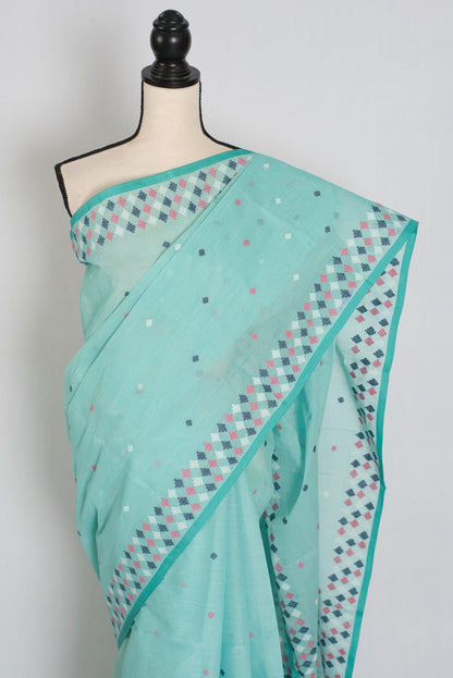 Neela: Turquoise Blue Bengal Handloom Pure Cotton Jamdani Saree - Saree Mandi