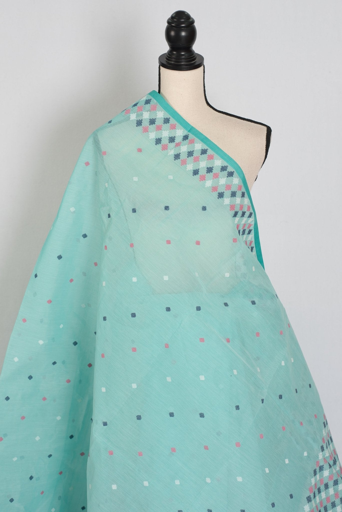 Neela: Turquoise Blue Bengal Handloom Pure Cotton Jamdani Saree - Saree Mandi