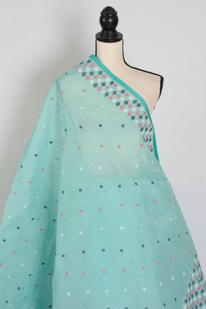 Neela: Turquoise Blue Bengal Handloom Pure Cotton Jamdani Saree - Saree Mandi