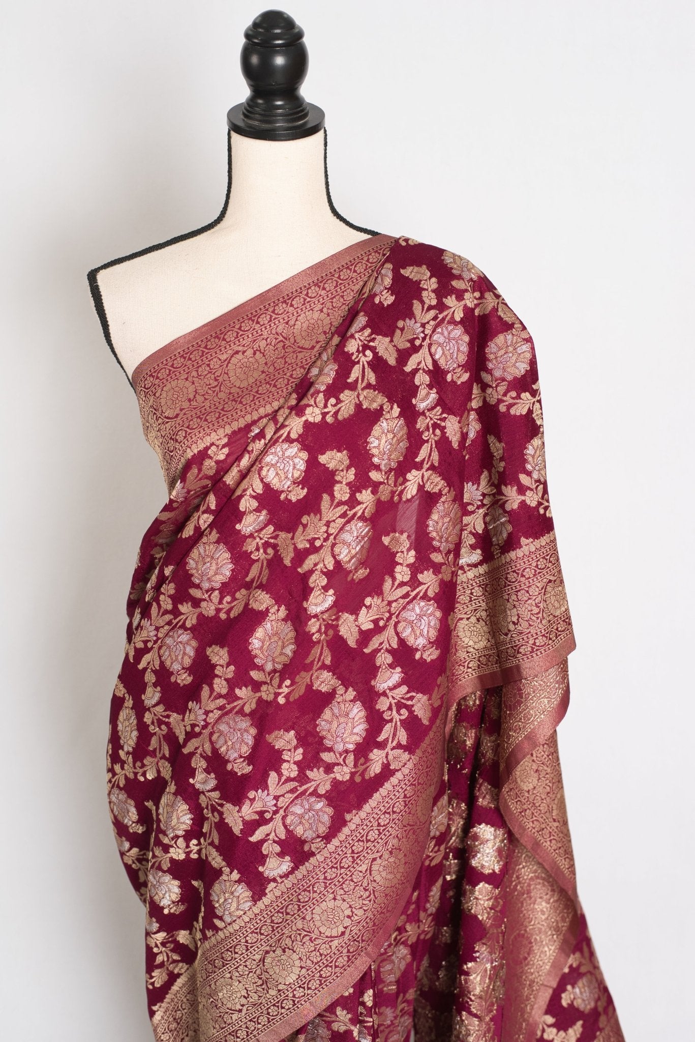 Nidhi : Sona Rupa Zari Semi Georgette Banarasi Saree | Size 40 Stitched Blouse - Saree Mandi