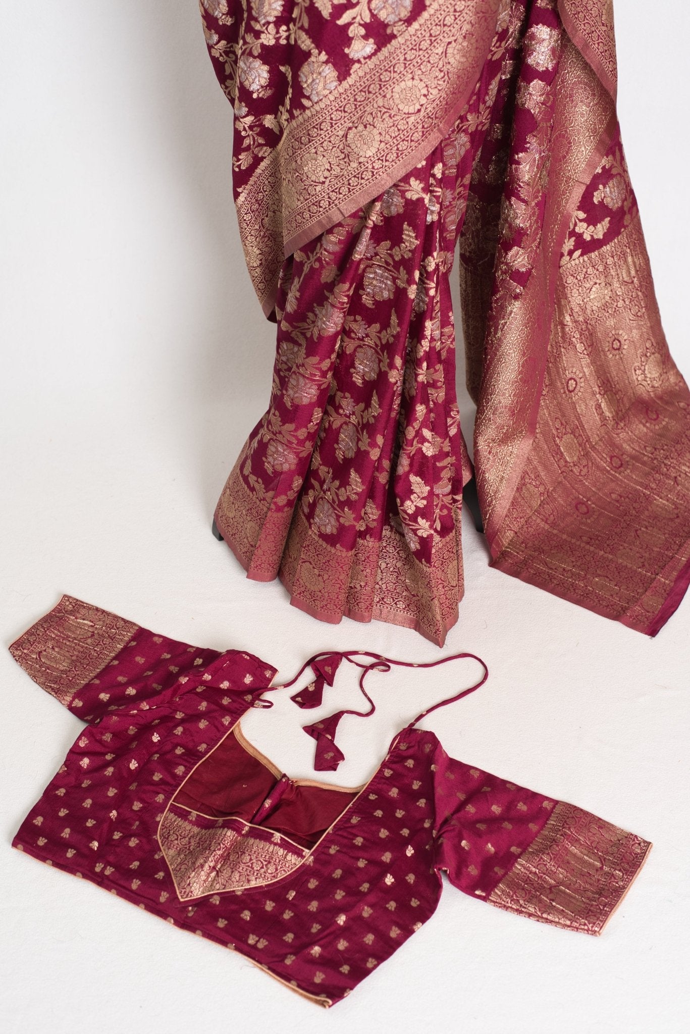 Nidhi : Sona Rupa Zari Semi Georgette Banarasi Saree | Size 40 Stitched Blouse - Saree Mandi