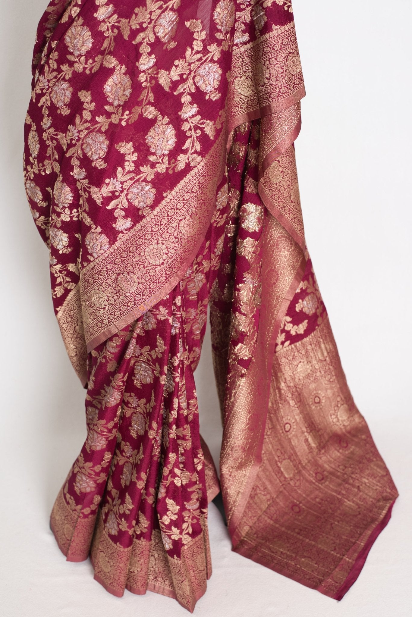 Nidhi : Sona Rupa Zari Semi Georgette Banarasi Saree | Size 40 Stitched Blouse - Saree Mandi