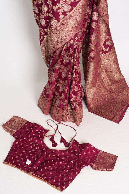 Nidhi : Sona Rupa Zari Semi Georgette Banarasi Saree | Size 40 Stitched Blouse - Saree Mandi