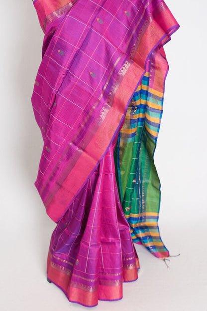 Nina : Lightweight Bishnupur Katan Silk Saree in Purple and Green - Saree Mandi