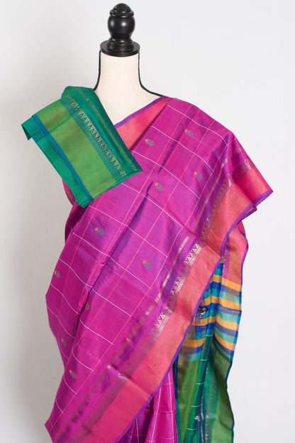 Nina : Lightweight Bishnupur Katan Silk Saree in Purple and Green - Saree Mandi