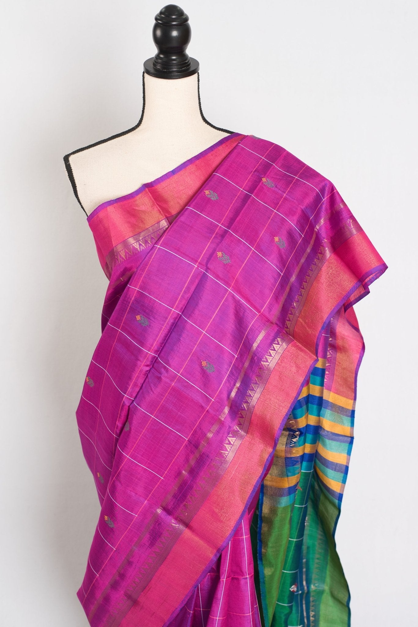 Nina : Lightweight Bishnupur Katan Silk Saree in Purple and Green - Saree Mandi