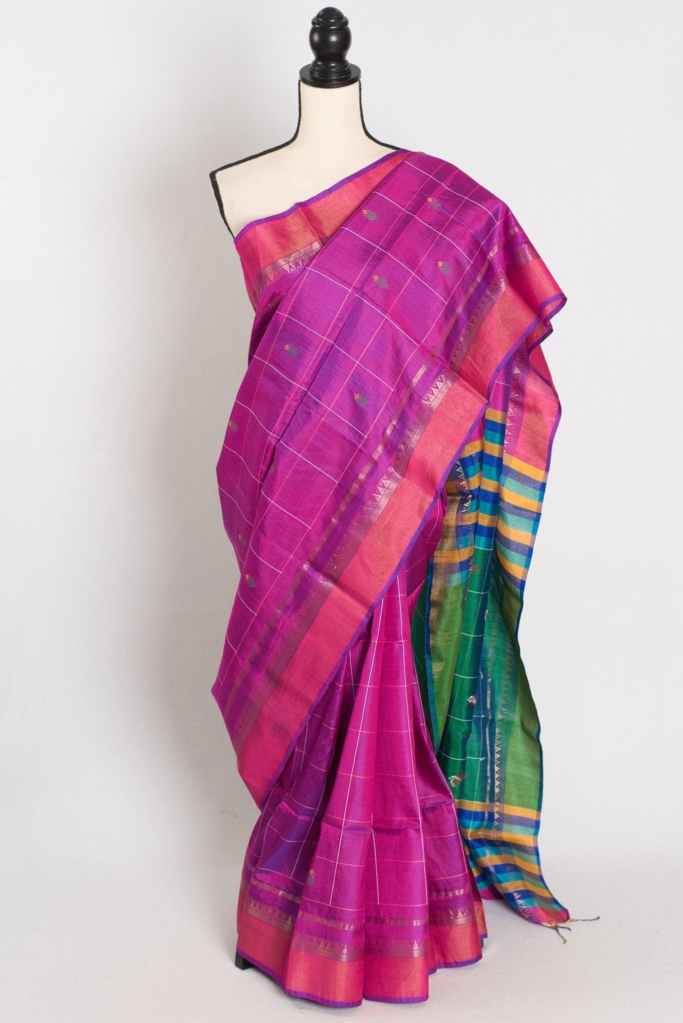 Nina : Lightweight Bishnupur Katan Silk Saree in Purple and Green - Saree Mandi