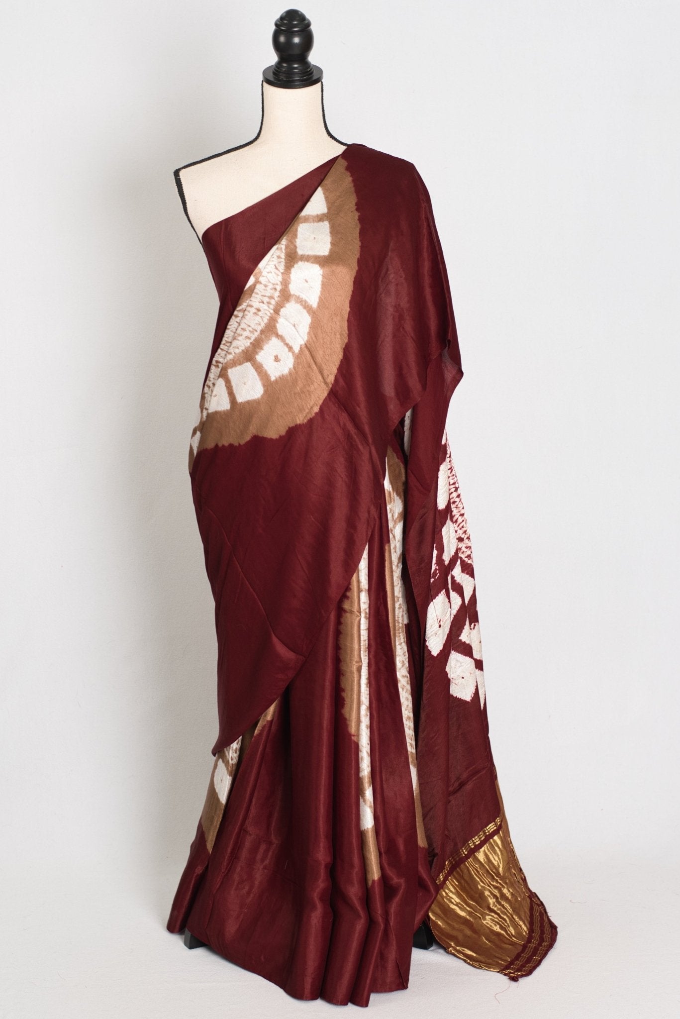Nirja : Modal Silk Bandhani Partywear Saree in Maroon and Gold - Saree Mandi