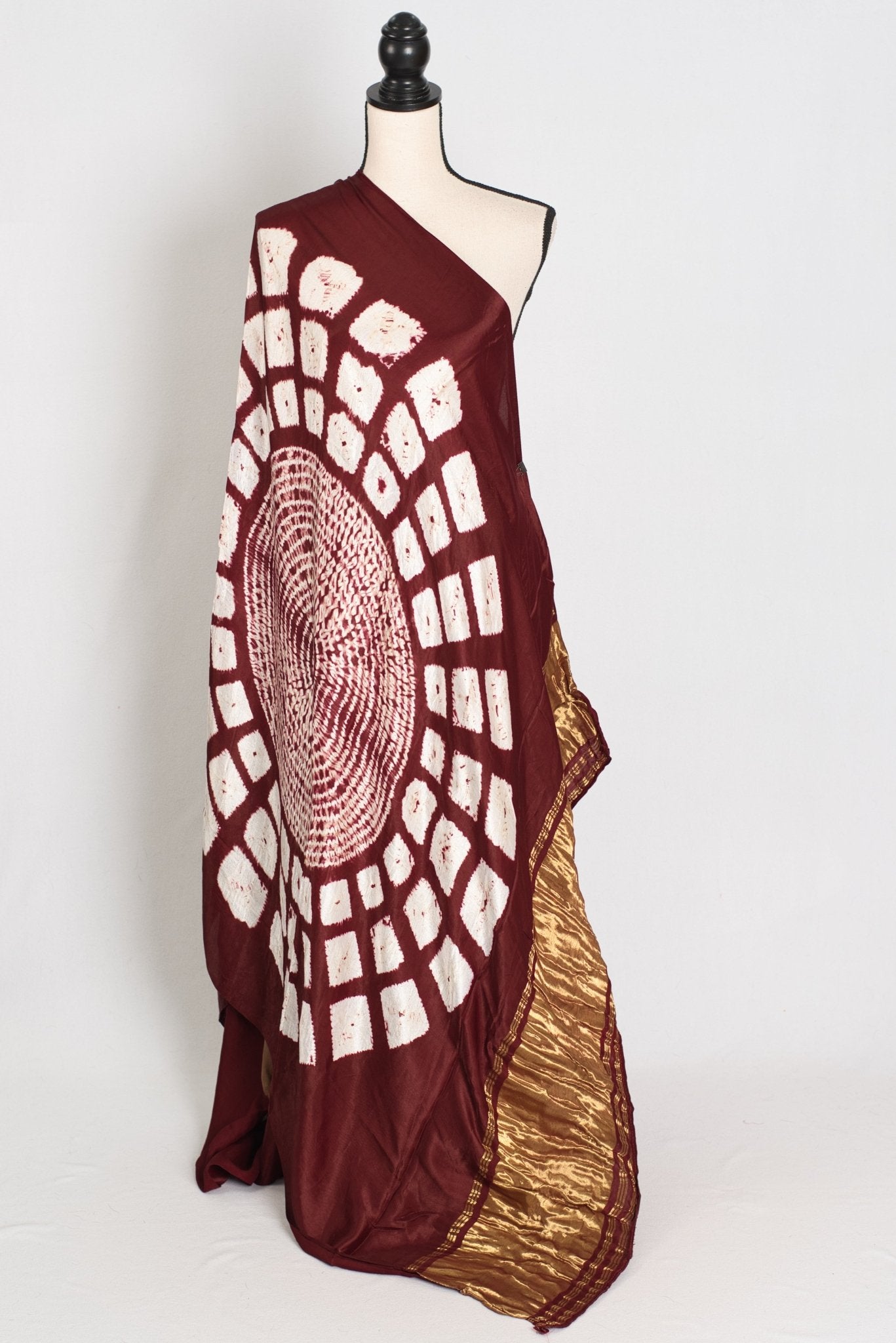 Nirja : Modal Silk Bandhani Partywear Saree in Maroon and Gold - Saree Mandi