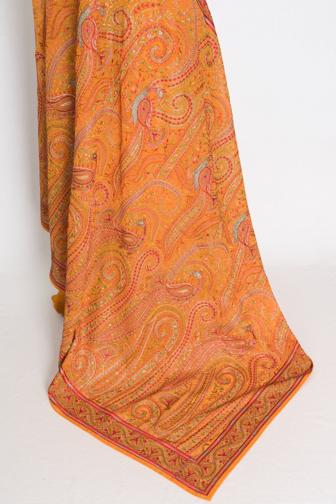 Nirja : Orange Georgette Saree with Intricate Kashmiri Peacock Embroidery - Saree Mandi