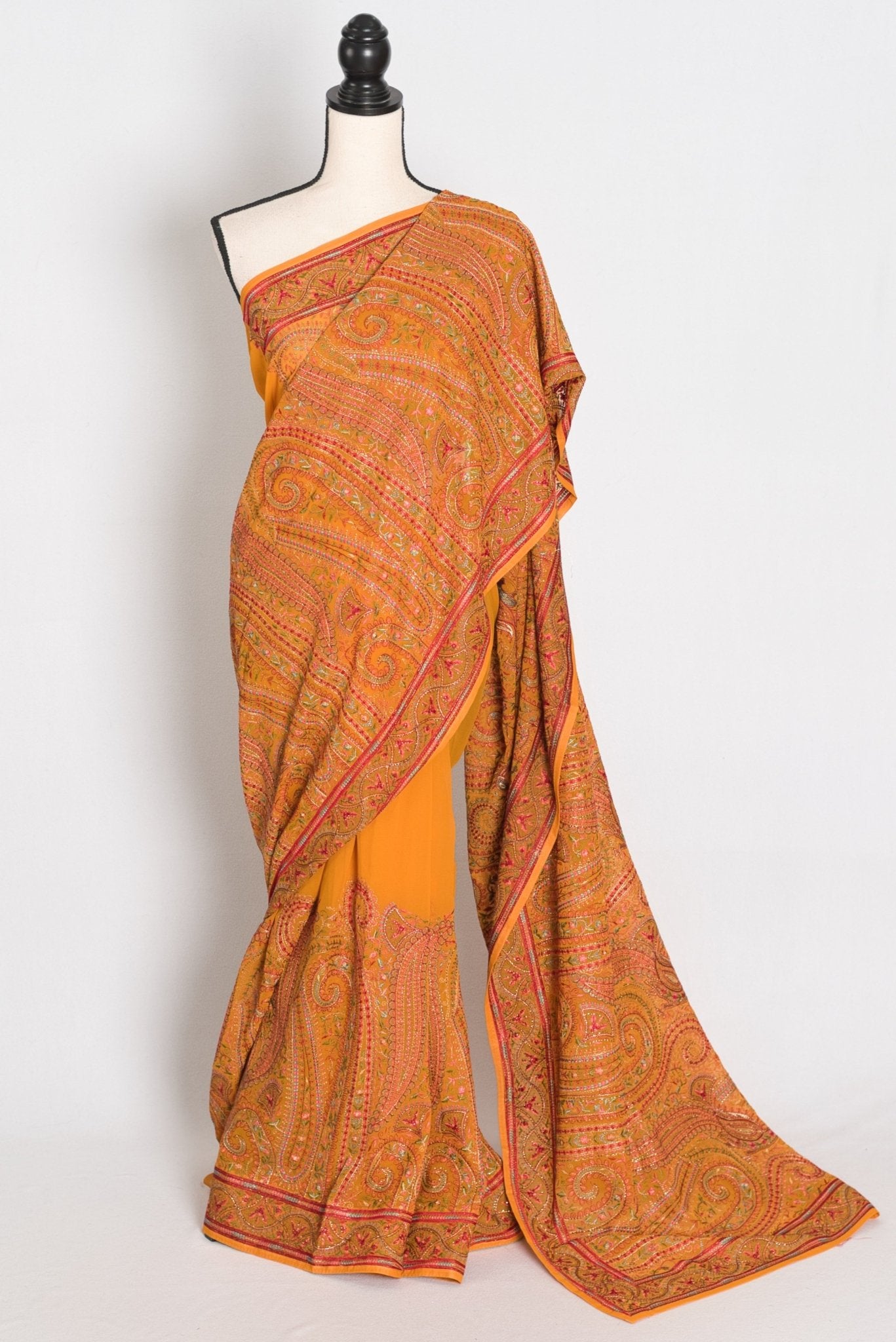 Nirja : Orange Georgette Saree with Intricate Kashmiri Peacock Embroidery - Saree Mandi