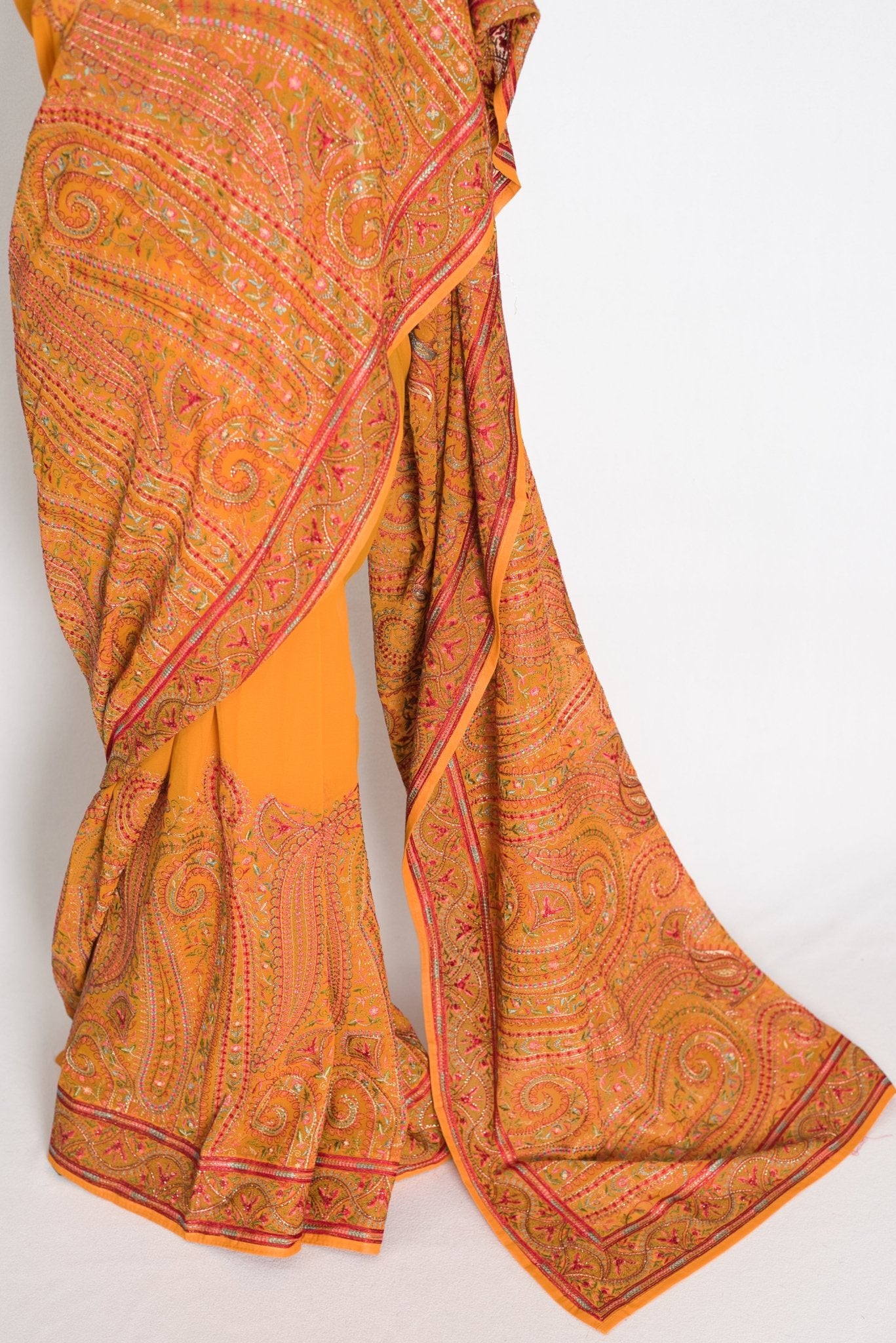 Nirja : Orange Georgette Saree with Intricate Kashmiri Peacock Embroidery - Saree Mandi
