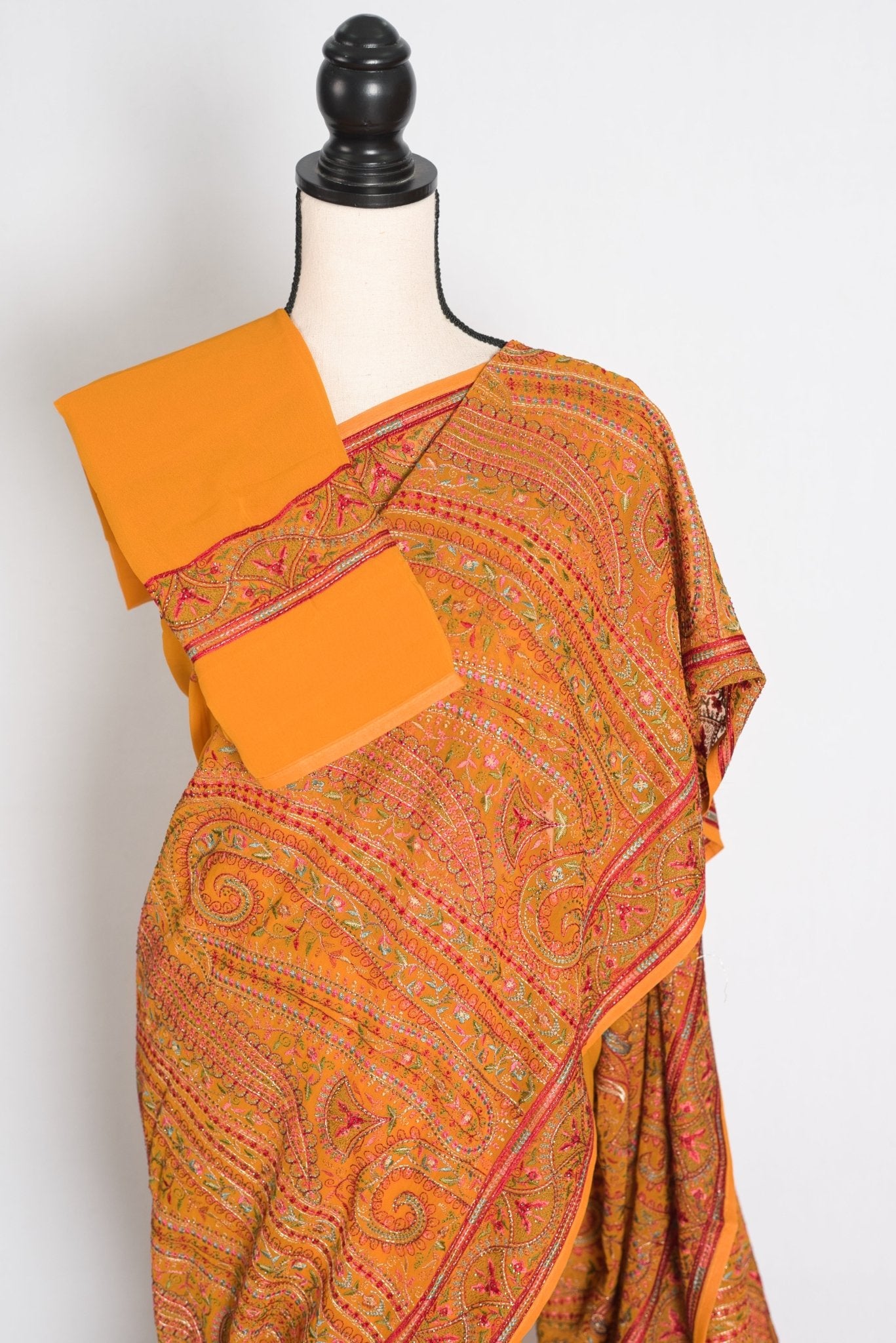 Nirja : Orange Georgette Saree with Intricate Kashmiri Peacock Embroidery - Saree Mandi