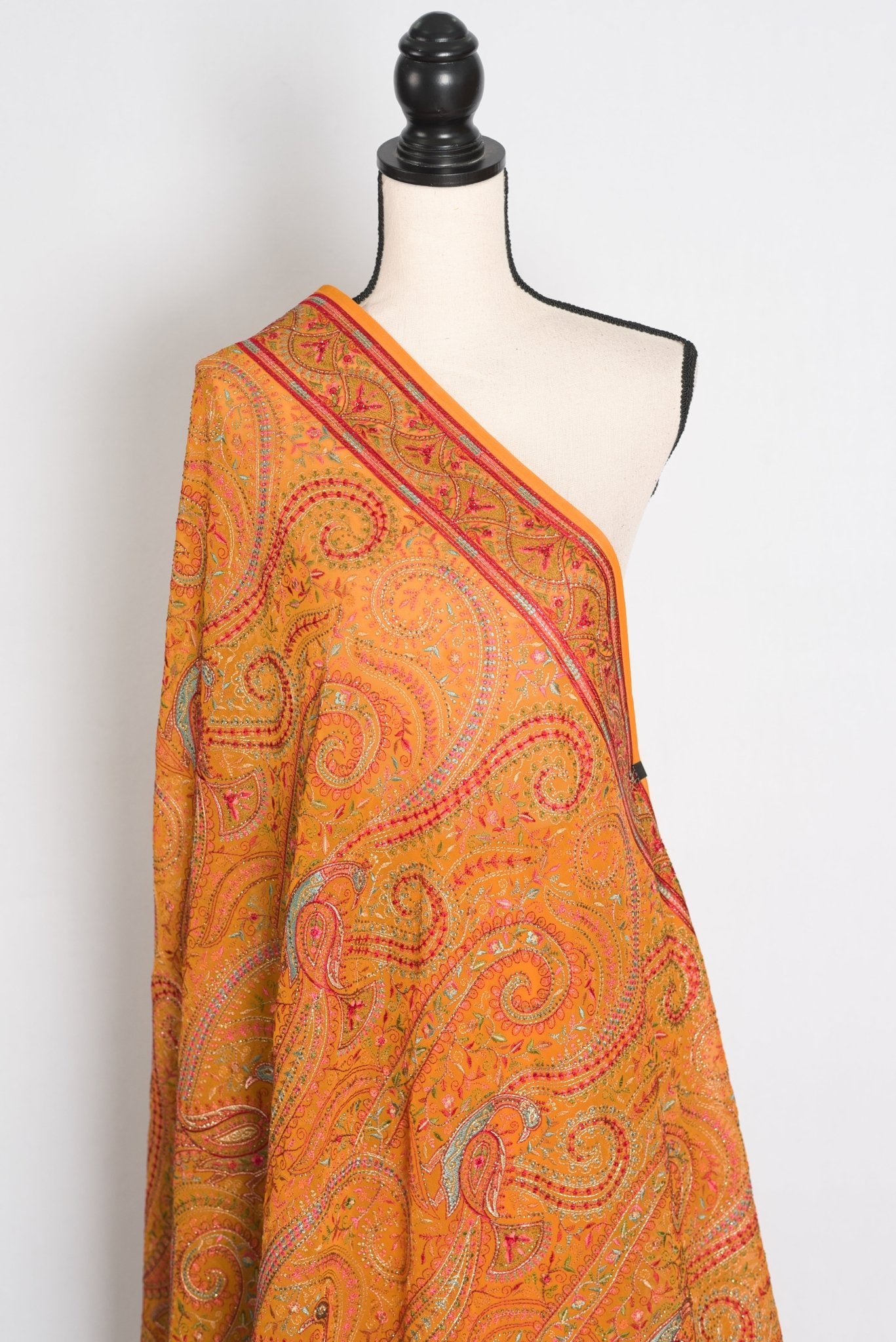 Nirja : Orange Georgette Saree with Intricate Kashmiri Peacock Embroidery - Saree Mandi