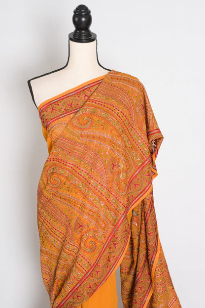 Nirja : Orange Georgette Saree with Intricate Kashmiri Peacock Embroidery - Saree Mandi