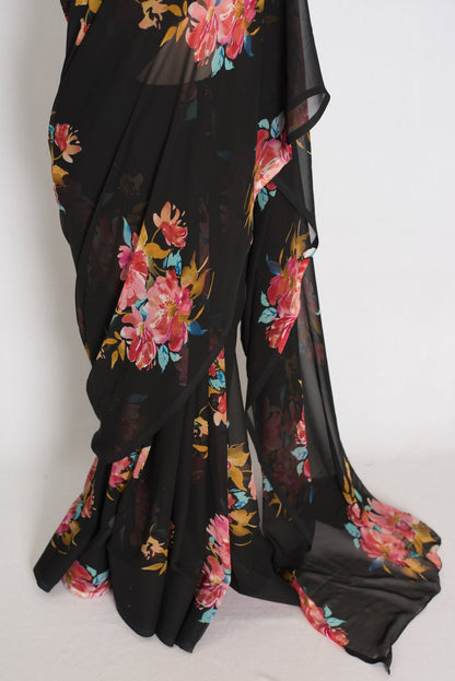 Nita : Black Floral Printed Chiffon Georgette Saree - Saree Mandi