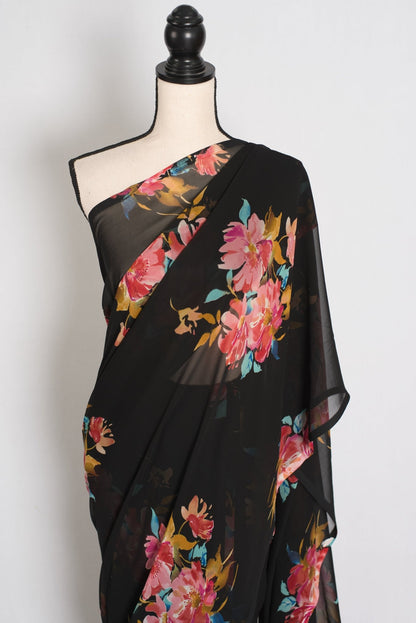 Nita : Black Floral Printed Chiffon Georgette Saree - Saree Mandi