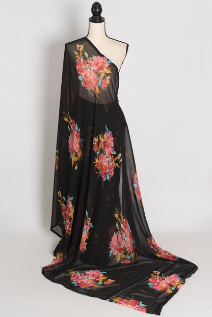 Nita : Black Floral Printed Chiffon Georgette Saree - Saree Mandi
