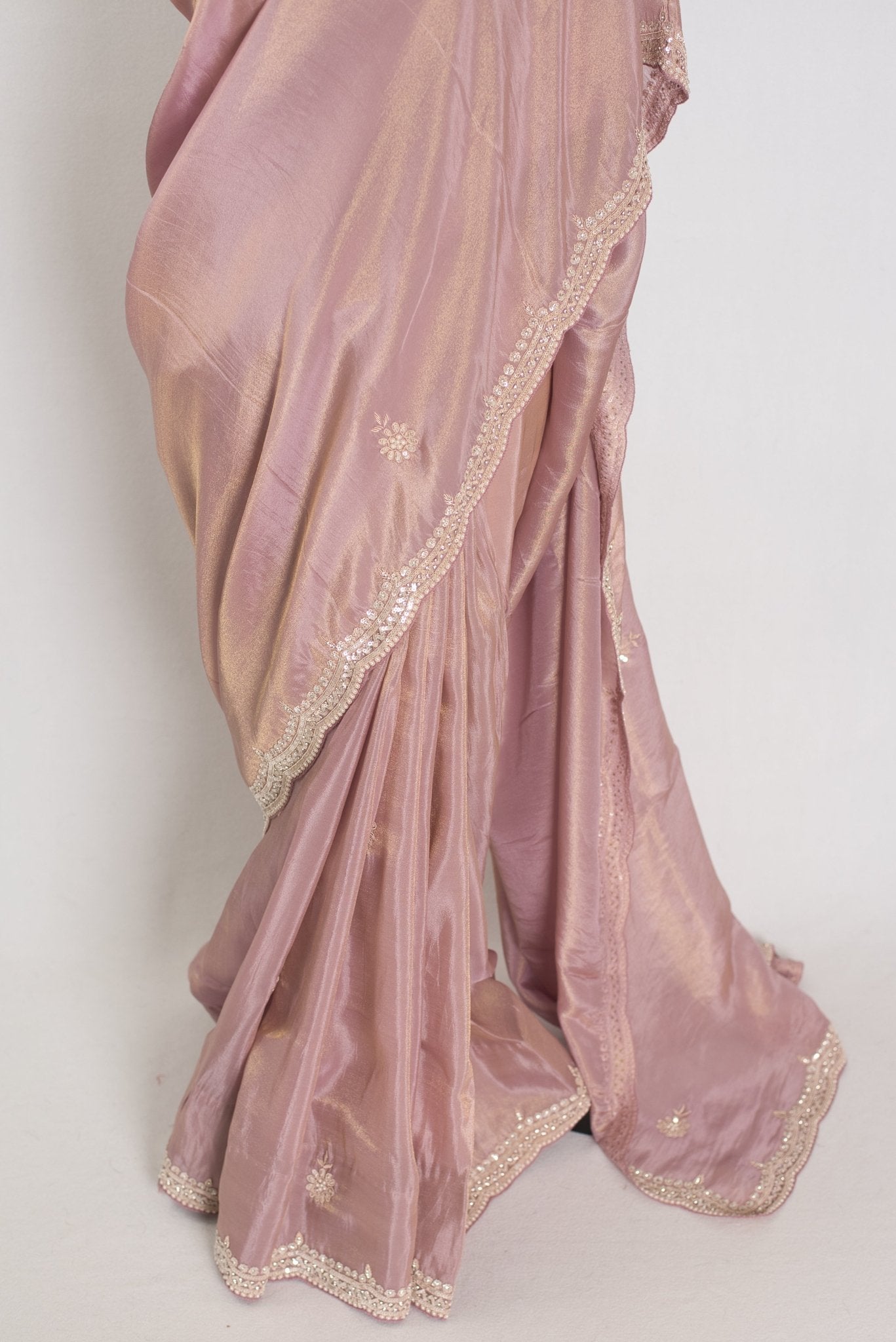 Noor | Soft Tissue Pastel Mauve Designer Saree with Handwork Pearl Border - Saree Mandi