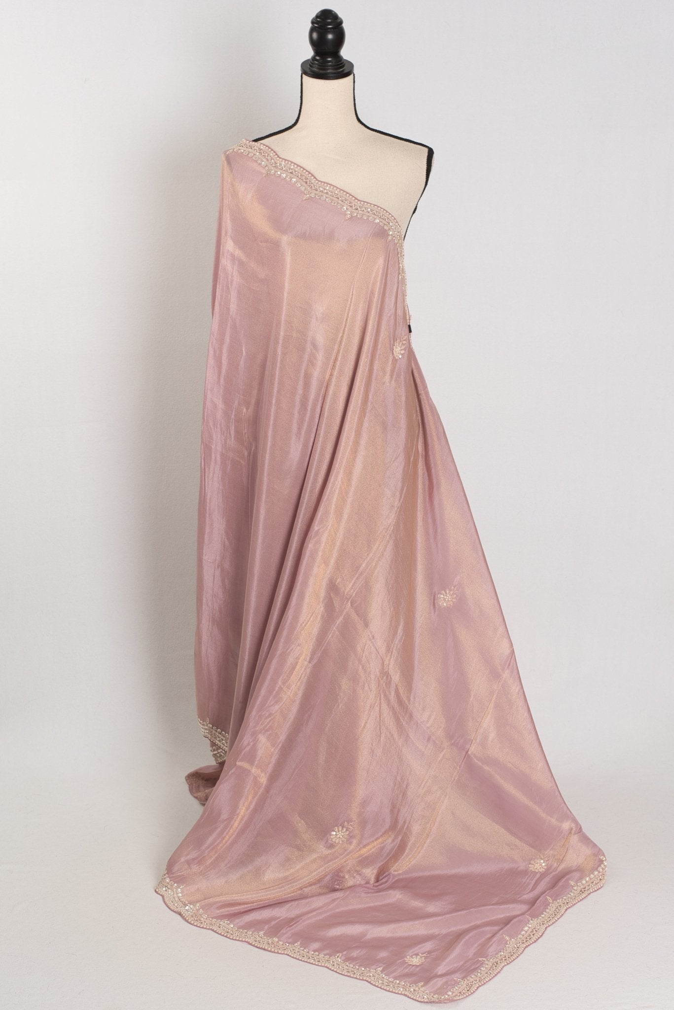 Noor | Soft Tissue Pastel Mauve Designer Saree with Handwork Pearl Border - Saree Mandi