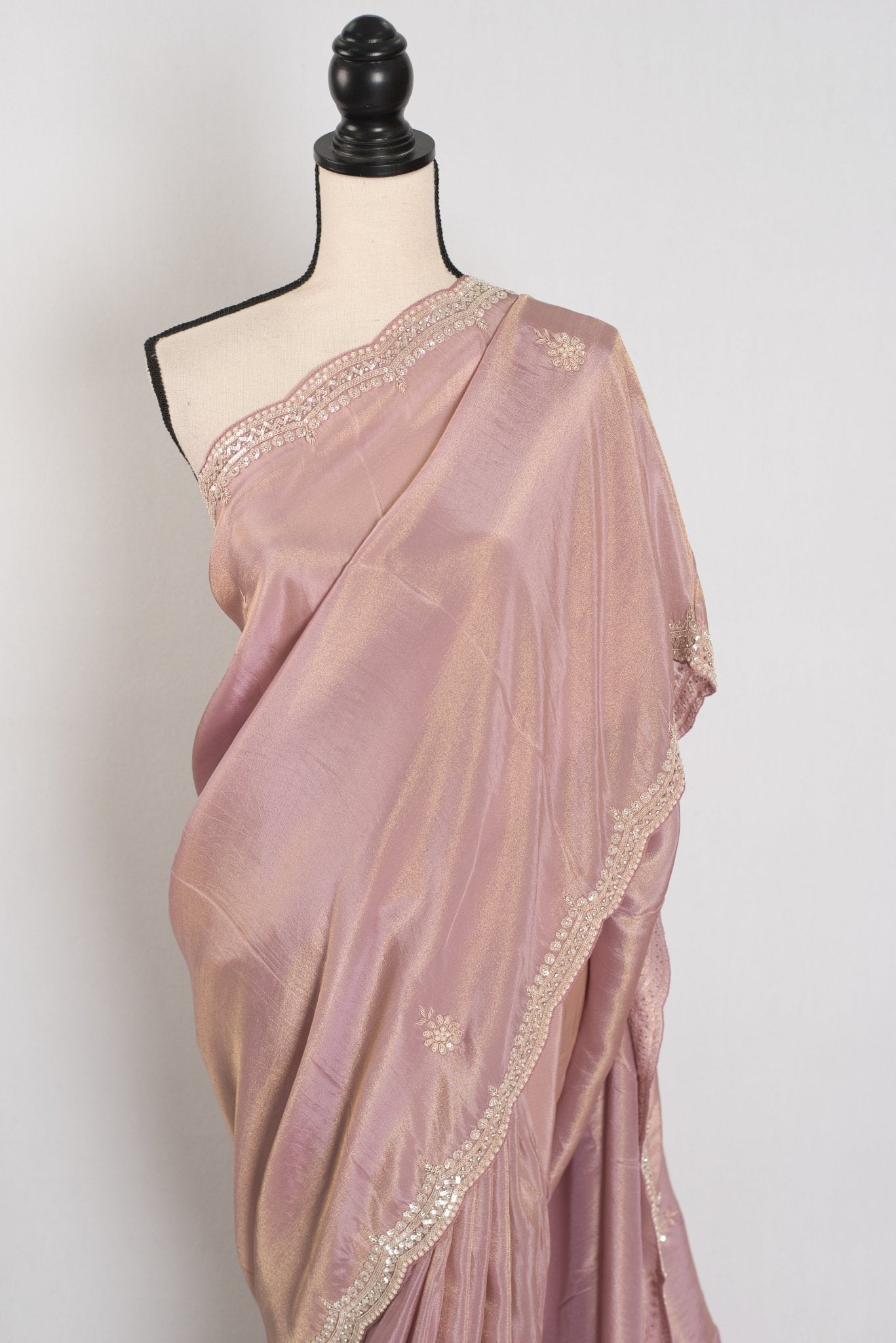 Noor | Soft Tissue Pastel Mauve Designer Saree with Handwork Pearl Border - Saree Mandi