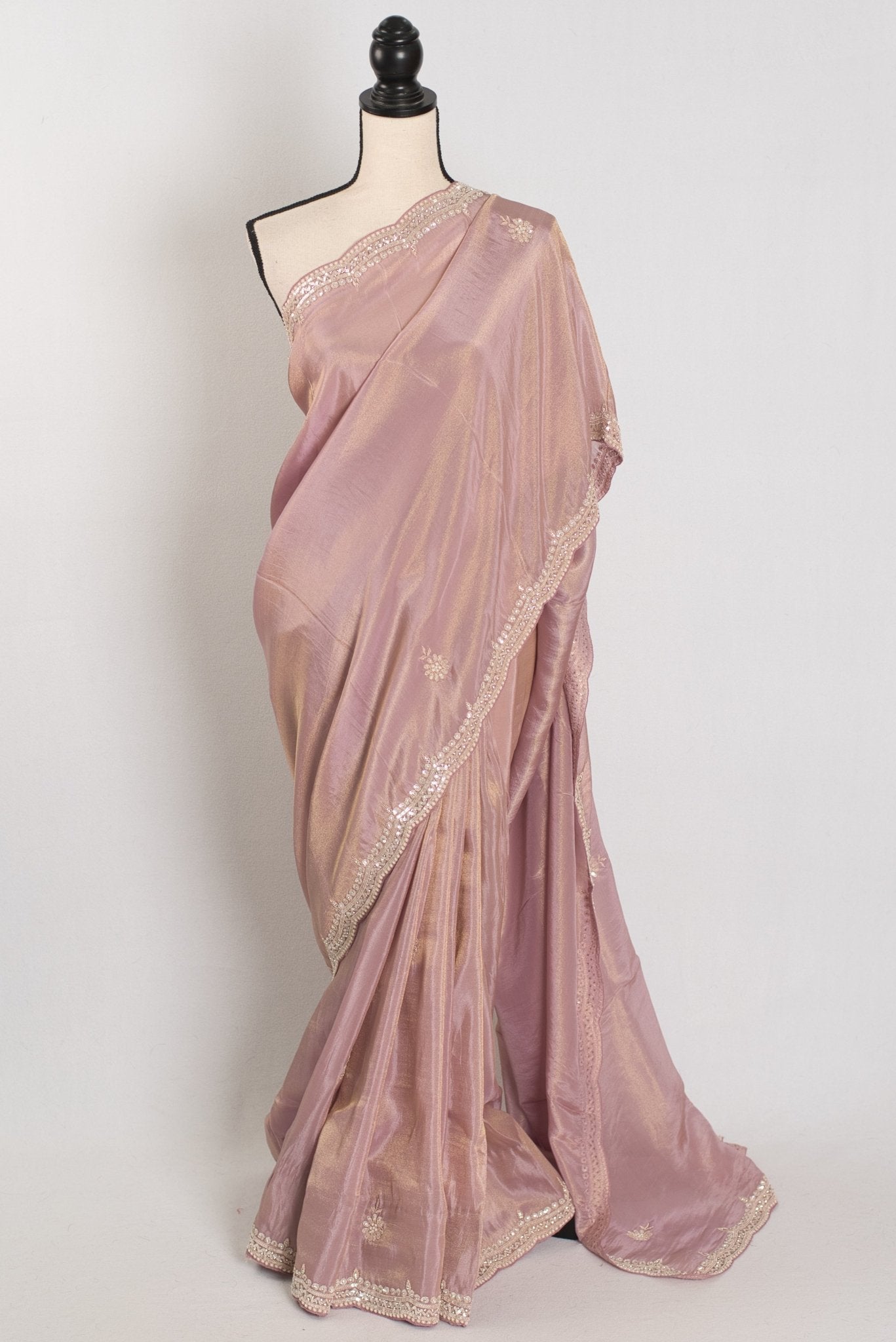 Noor | Soft Tissue Pastel Mauve Designer Saree with Handwork Pearl Border - Saree Mandi