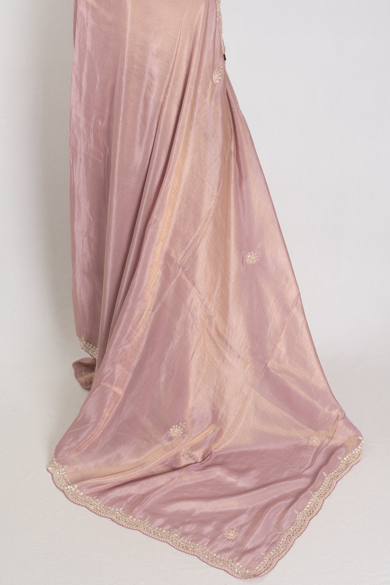 Noor | Soft Tissue Pastel Mauve Designer Saree with Handwork Pearl Border - Saree Mandi