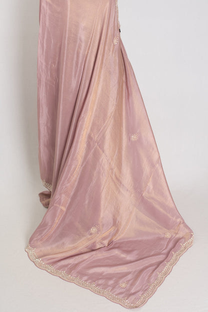 Noor | Soft Tissue Pastel Mauve Designer Saree with Handwork Pearl Border - Saree Mandi