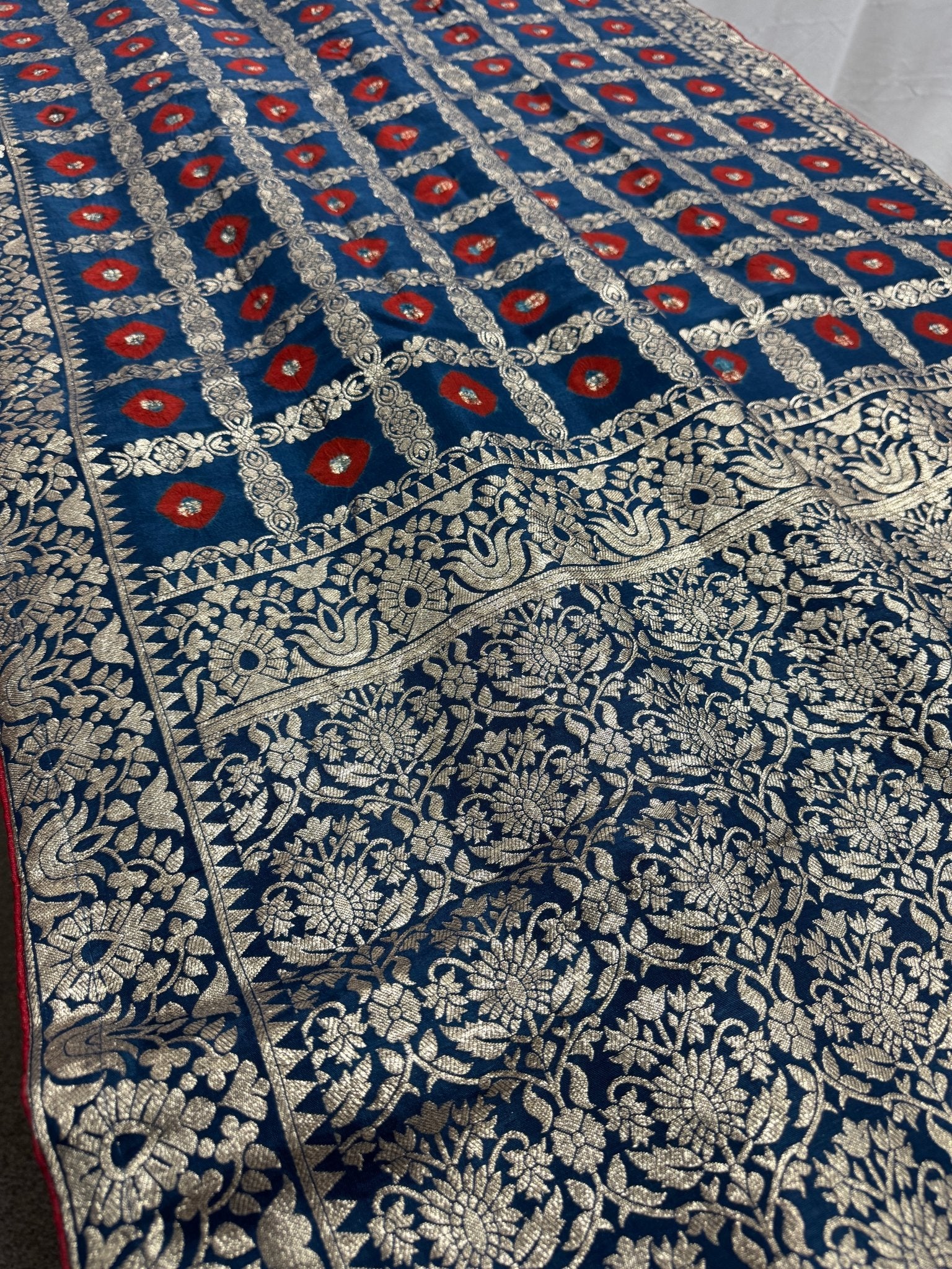 Parul | Dark Blue & Red Gharchola Banarasi Saree | Silver Zari Dola Silk - Saree Mandi