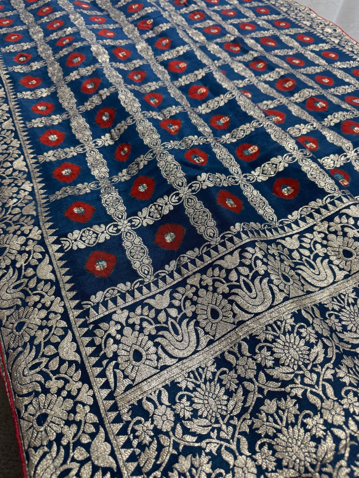 Parul | Dark Blue & Red Gharchola Banarasi Saree | Silver Zari Dola Silk - Saree Mandi