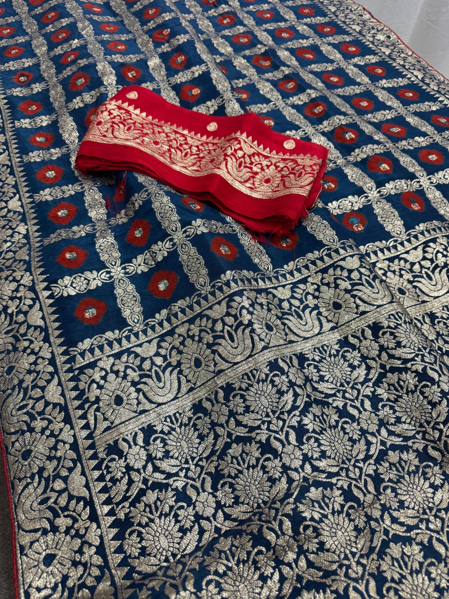 Parul | Dark Blue & Red Gharchola Banarasi Saree | Silver Zari Dola Silk - Saree Mandi