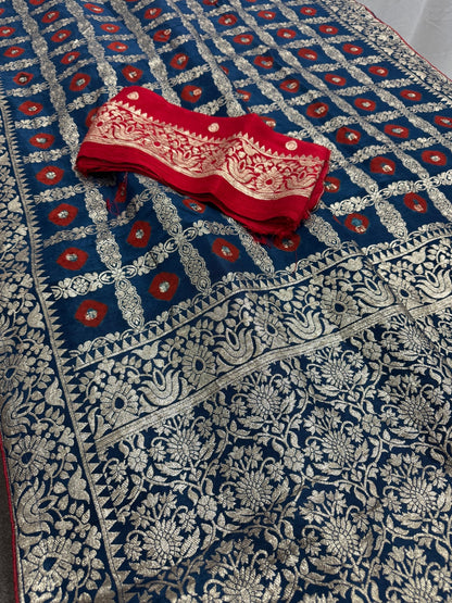 Parul | Dark Blue & Red Gharchola Banarasi Saree | Silver Zari Dola Silk - Saree Mandi