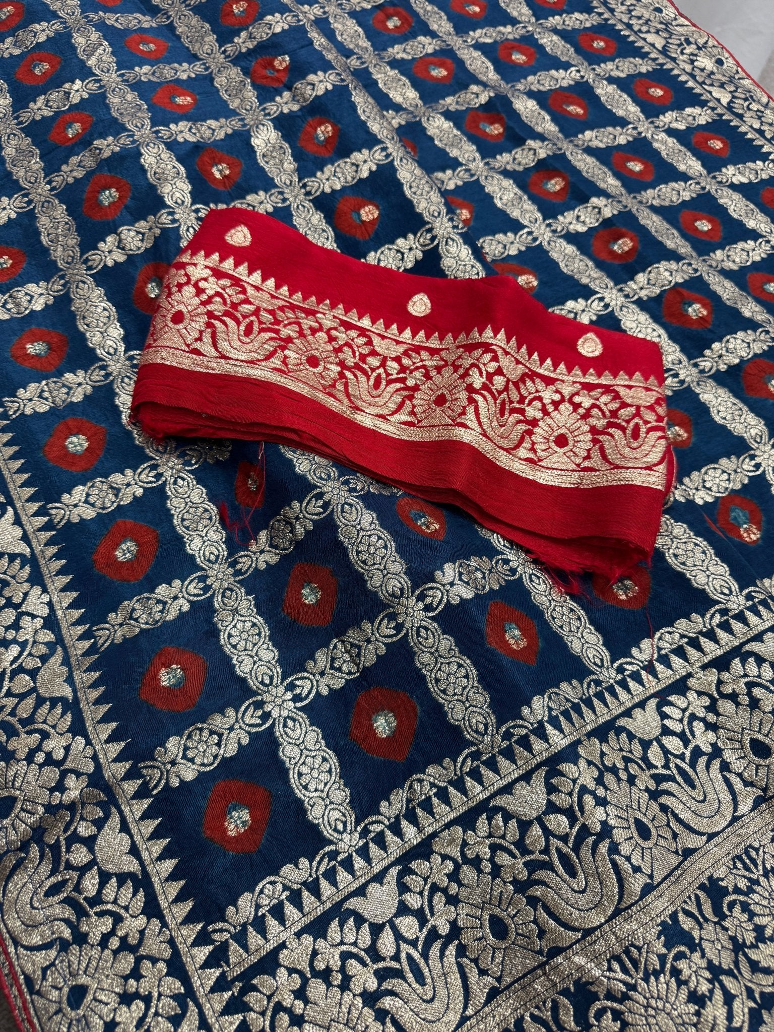 Parul | Dark Blue & Red Gharchola Banarasi Saree | Silver Zari Dola Silk - Saree Mandi