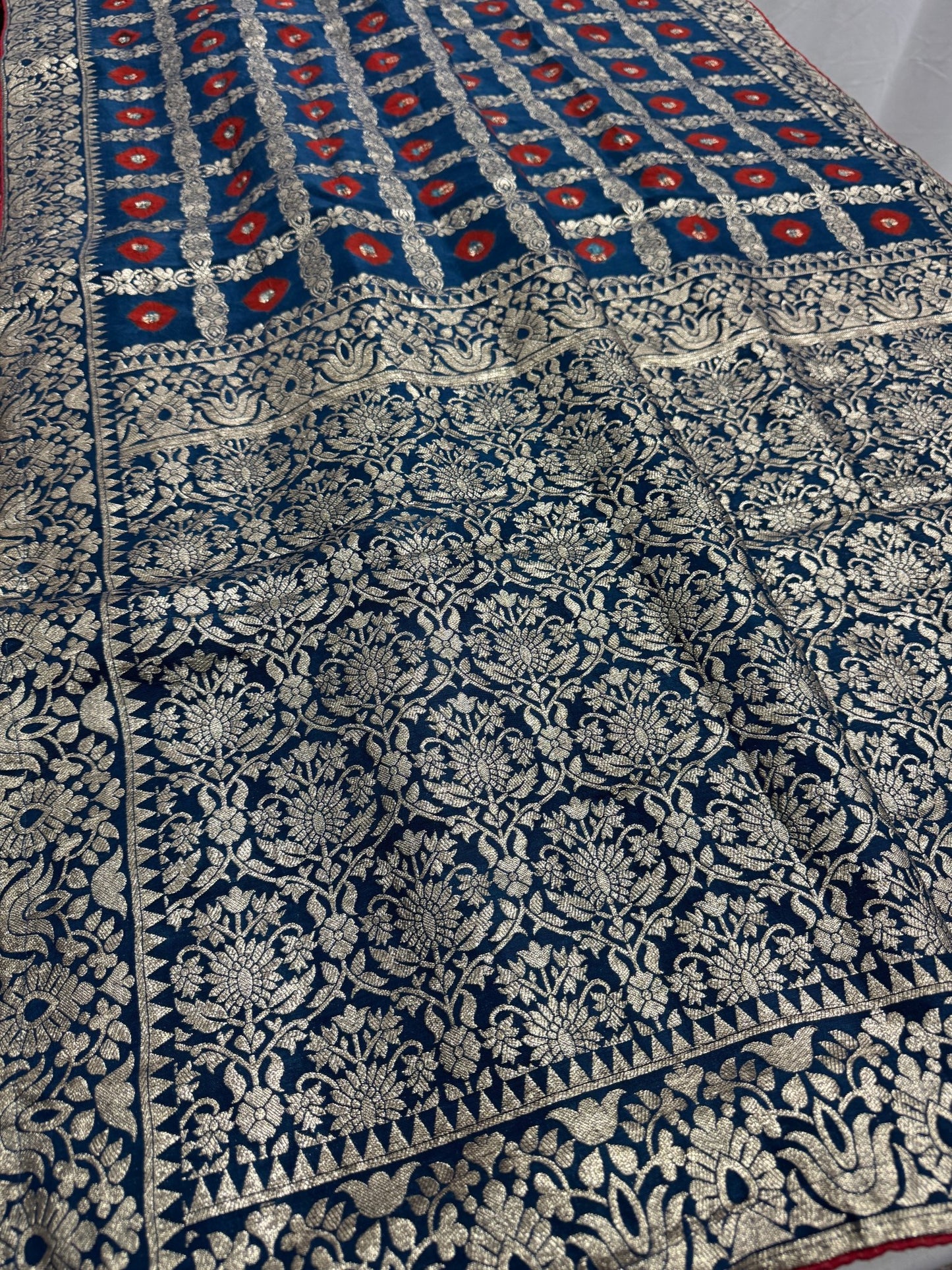 Parul | Dark Blue & Red Gharchola Banarasi Saree | Silver Zari Dola Silk - Saree Mandi
