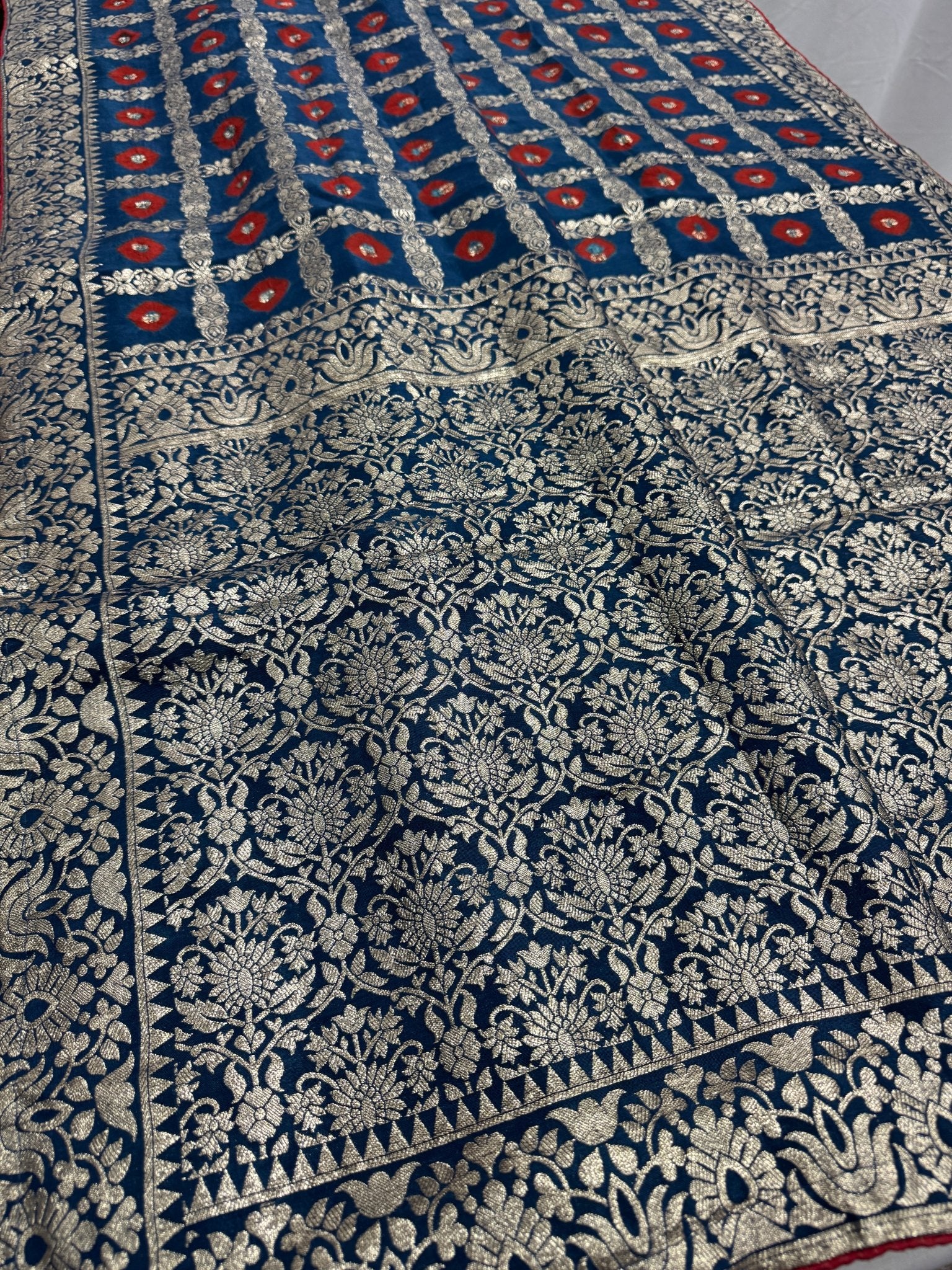 Parul | Dark Blue & Red Gharchola Banarasi Saree | Silver Zari Dola Silk - Saree Mandi
