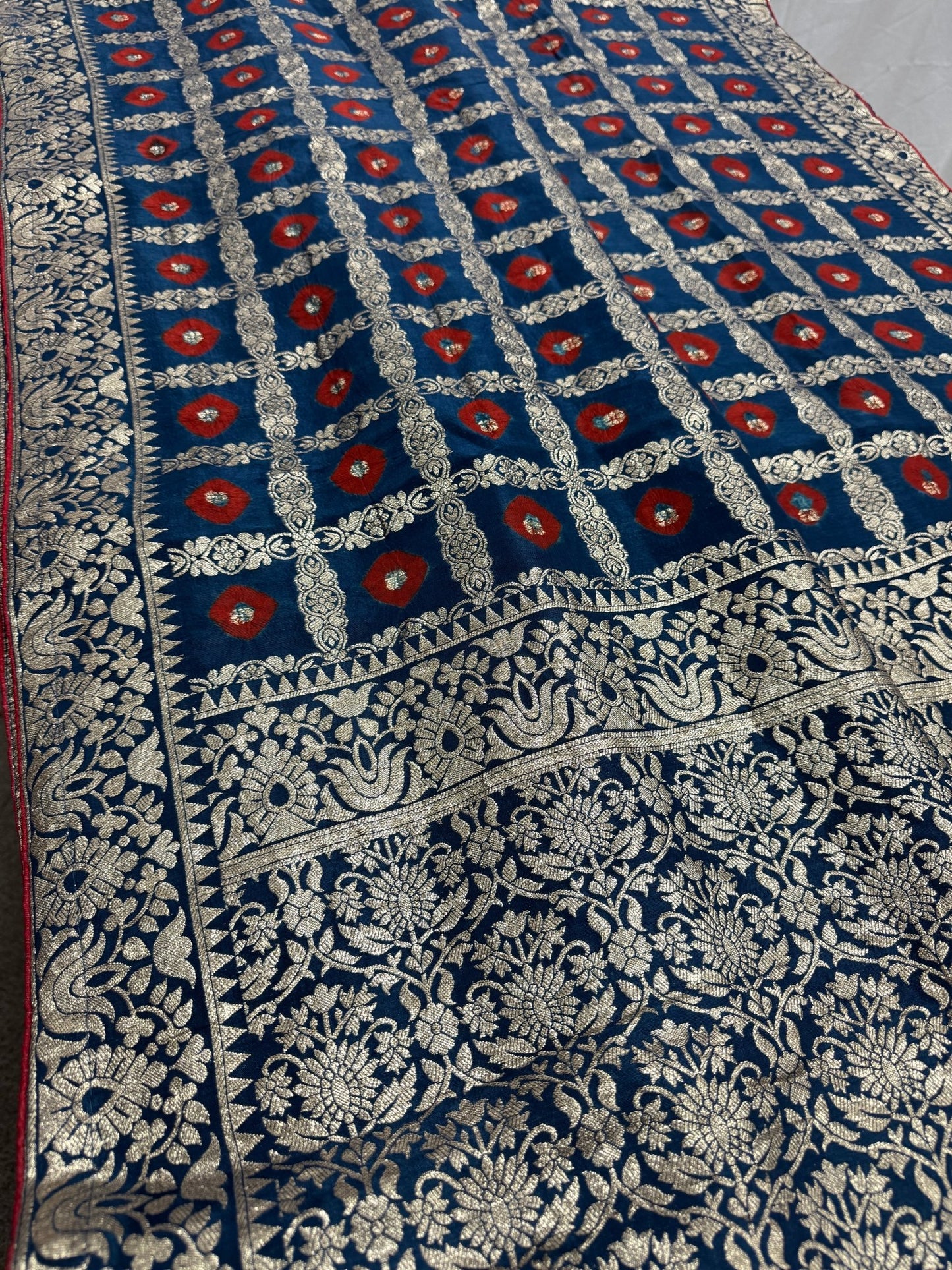 Parul | Dark Blue & Red Gharchola Banarasi Saree | Silver Zari Dola Silk - Saree Mandi