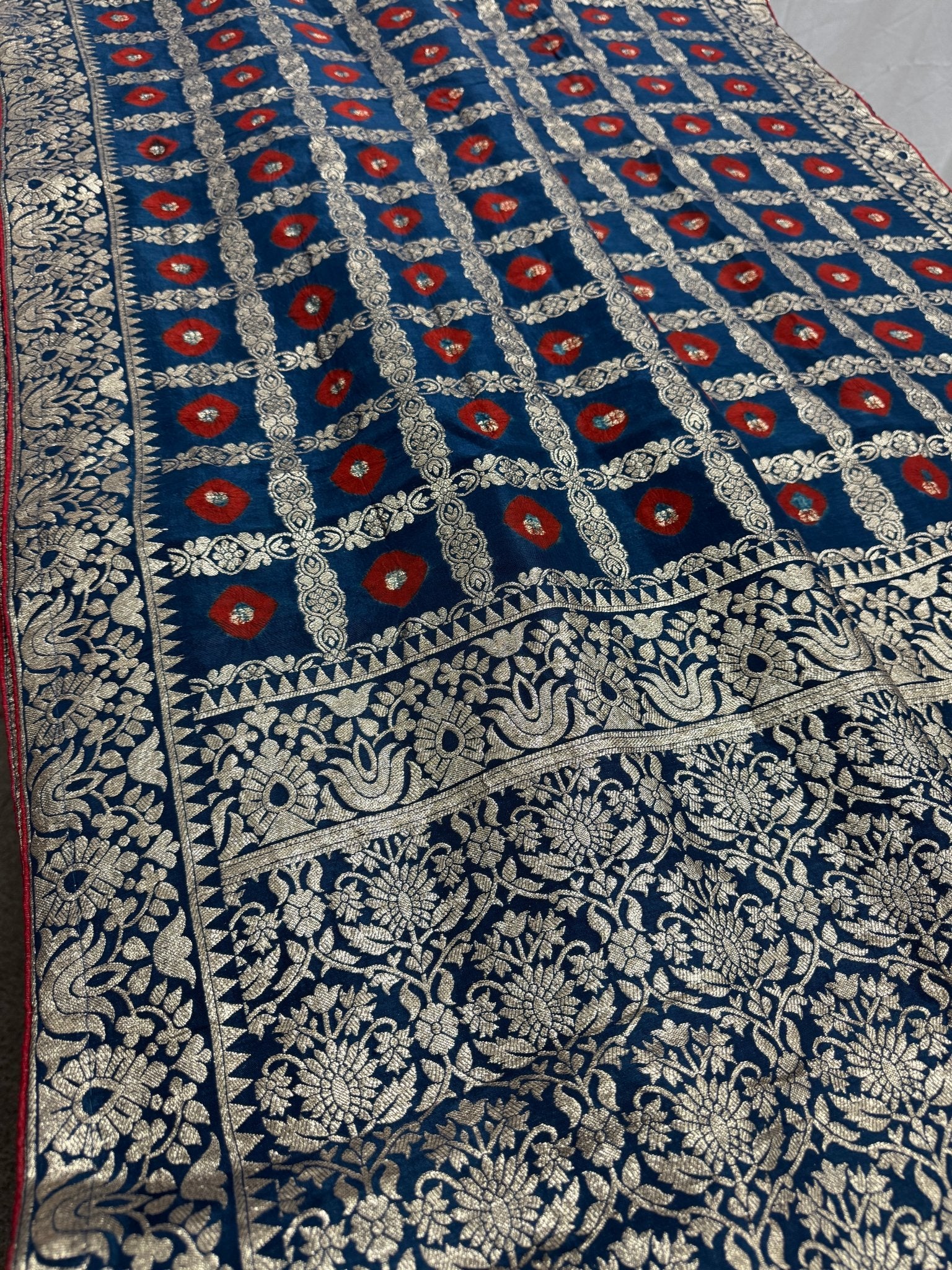 Parul | Dark Blue & Red Gharchola Banarasi Saree | Silver Zari Dola Silk - Saree Mandi