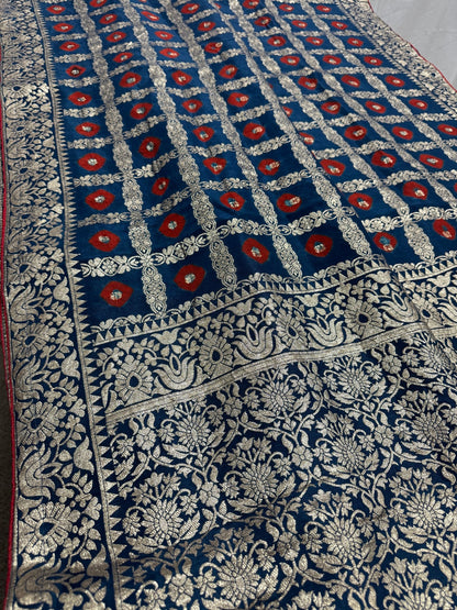 Parul | Dark Blue & Red Gharchola Banarasi Saree | Silver Zari Dola Silk - Saree Mandi
