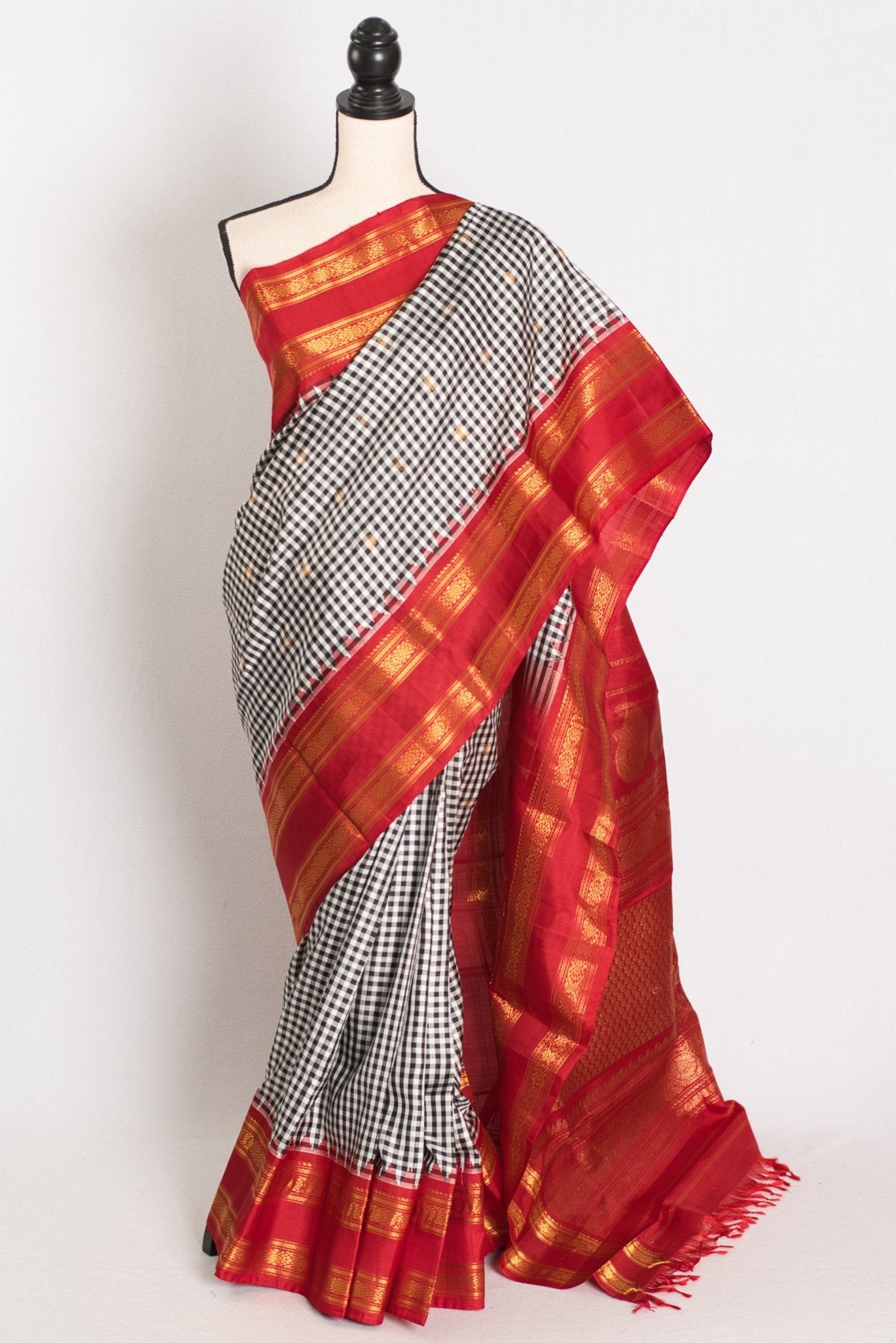 Parvati: Black and White Micro Checks Gadwal Silk Saree with Red Kanji Border - Saree Mandi
