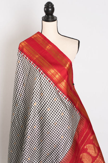 Parvati: Black and White Micro Checks Gadwal Silk Saree with Red Kanji Border - Saree Mandi