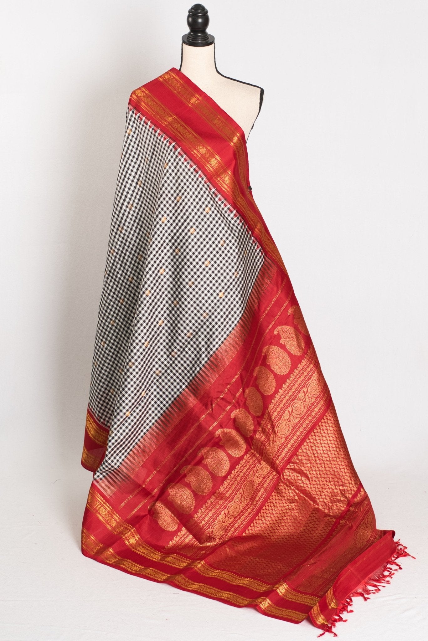 Parvati: Black and White Micro Checks Gadwal Silk Saree with Red Kanji Border - Saree Mandi