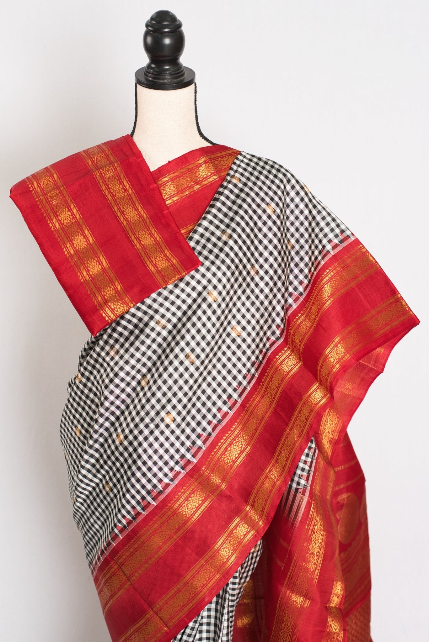 Parvati: Black and White Micro Checks Gadwal Silk Saree with Red Kanji Border - Saree Mandi