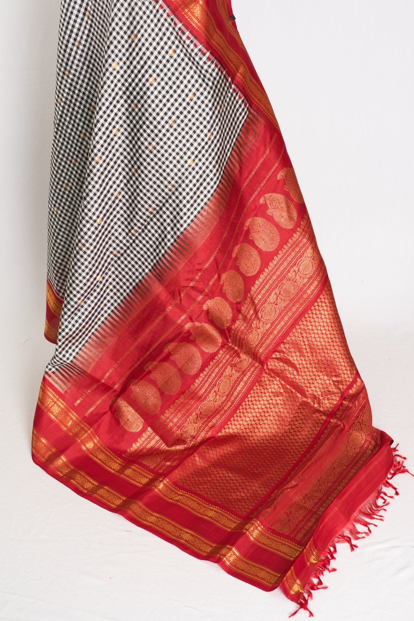 Parvati: Black and White Micro Checks Gadwal Silk Saree with Red Kanji Border - Saree Mandi